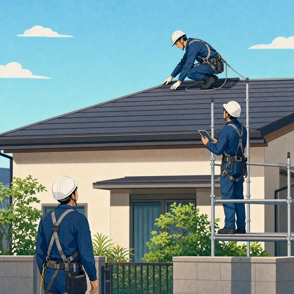 住宅の屋根を点検する日本人技術者（編集記事向け）。屋根点検、住宅点検、雨漏り対策、建物維持の記事や案内に使える商用素材です。