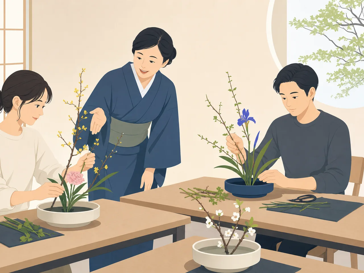生け花を学ぶ日本人（フラットイラスト）。生け花、華道、花の教室、伝統文化の記事や案内に使える商用素材です。