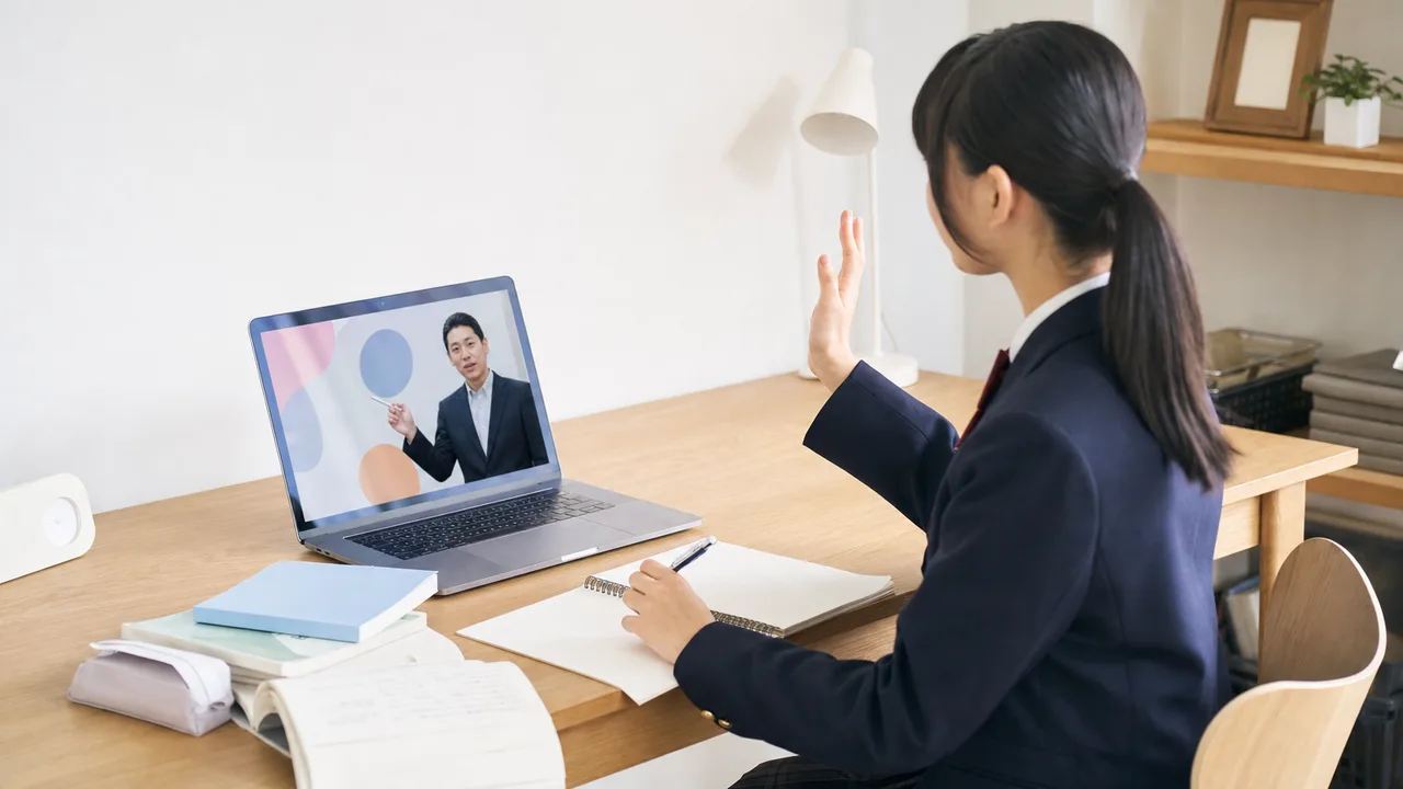 オンライン授業に参加する日本人の生徒（横長・コピースペース）。オンライン授業、遠隔学習、中高生、教育ICTの記事向け素材です。