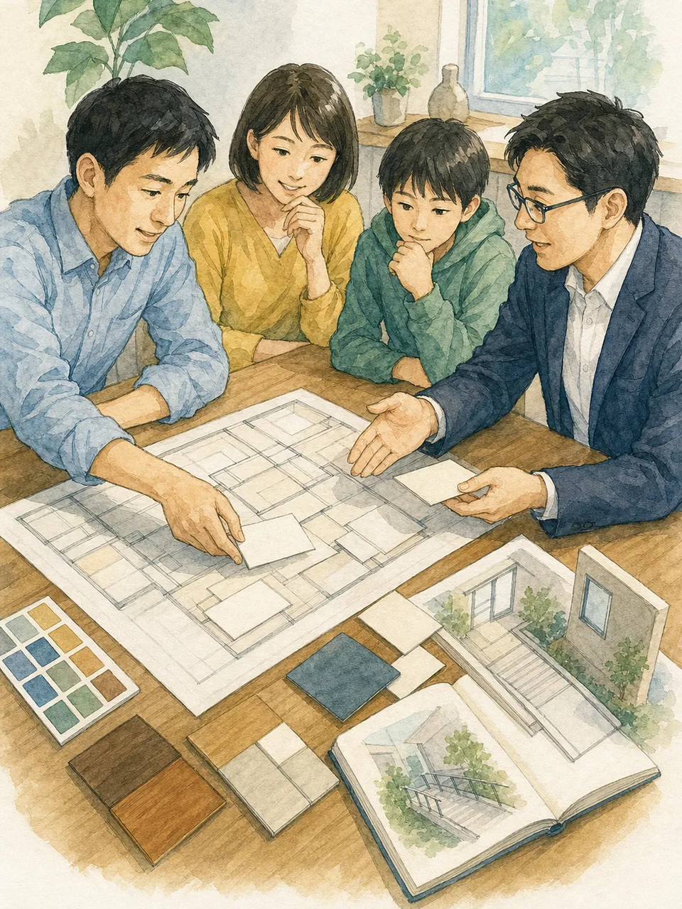 注文住宅の打合せをする日本人（手描き水彩）。注文住宅打合せ、家づくり、設計相談、住宅の記事向け素材です。