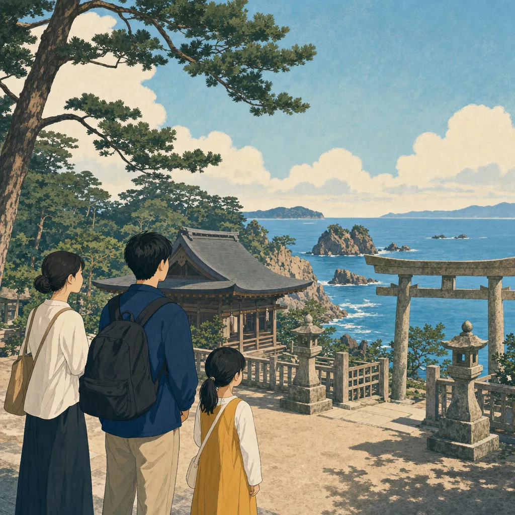 島根の海辺の文化景観を巡る旅行者（編集記事向け）。島根旅行、海辺の神社、山陰旅行、文化景観の記事や案内に使える商用素材です。