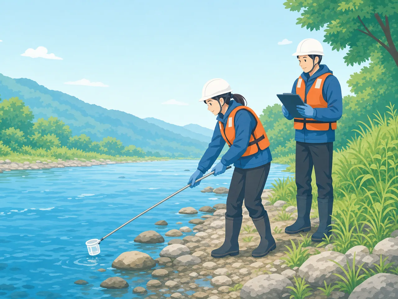 川の水質を調べる日本人調査員（フラットイラスト）。河川水質調査、水質検査、環境調査、川の記事や案内に使える商用素材です。