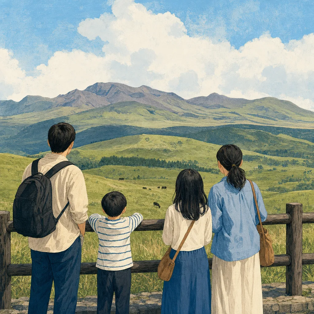 熊本の草原を旅する日本人（編集記事向け）。熊本、阿蘇、草原、九州旅行の記事向け素材です。