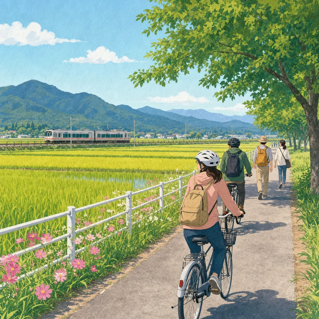 新潟の田園を旅する日本人（編集記事向け）。新潟、田園風景、地域旅行、稲作の記事向け素材です。