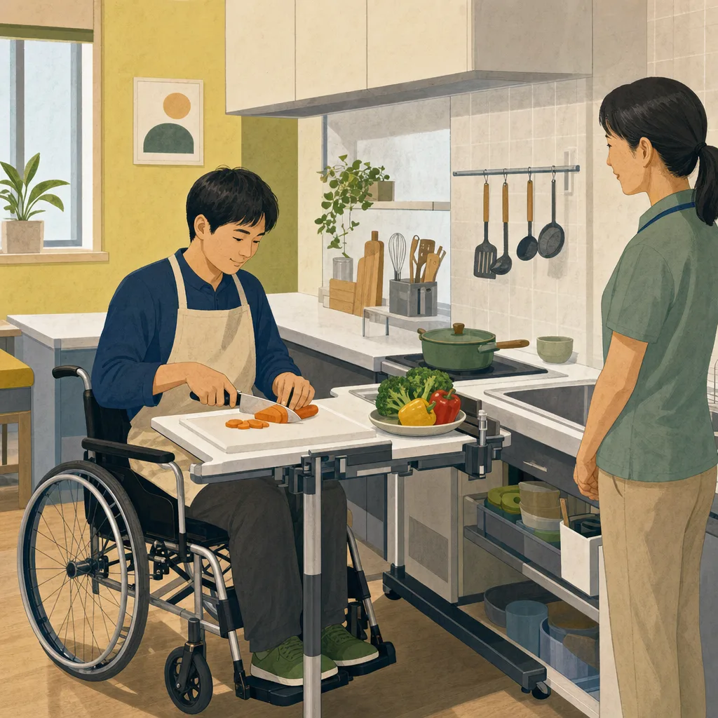 使いやすい台所で料理する日本人（編集記事向け）。アダプティブキッチン、障害者、自立生活、調理支援の記事や案内に使える商用素材です。