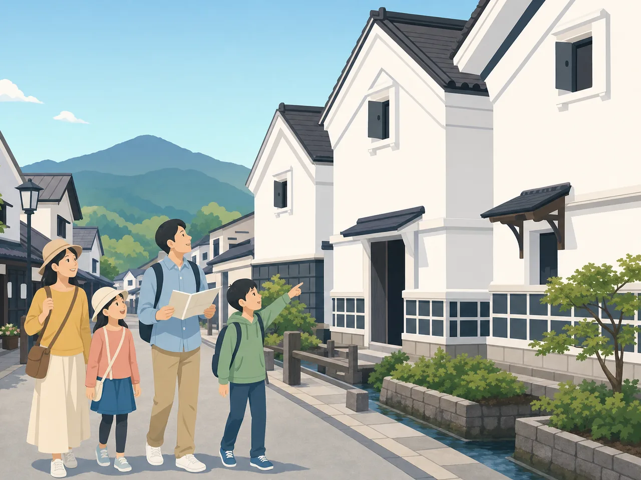福島の会津の町を巡る旅行者（フラットイラスト）。福島旅行、会津、蔵の町、東北旅行の記事や案内に使える商用素材です。