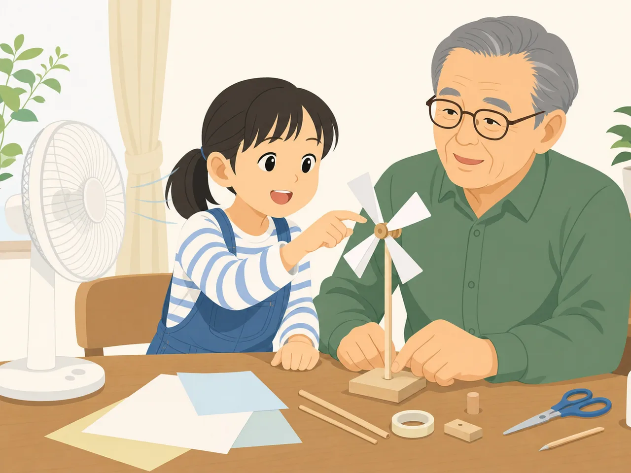 工作を楽しむ日本人の祖父と孫娘（フラットイラスト）。祖父と孫娘、世代間交流、工作、家族の記事向け素材です。