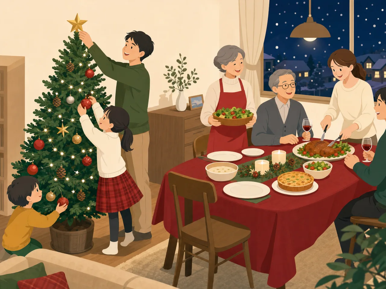 家族で楽しむクリスマス（フラットイラスト）。冬のキャンペーンや家族向け記事に使える、日本の家庭の温かなクリスマス素材です。