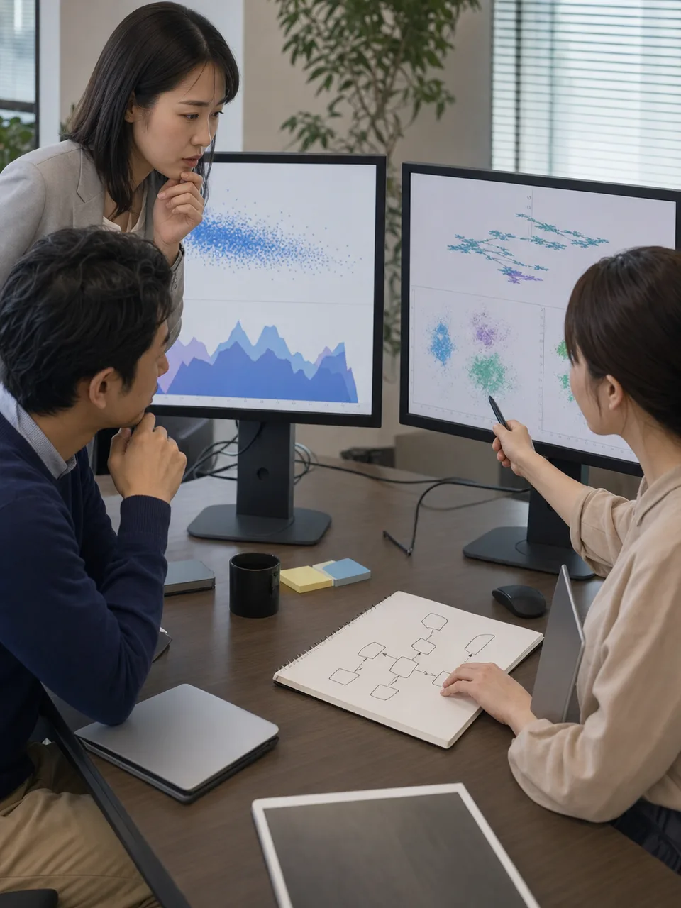 分析を進める日本人データサイエンティスト（自然な縦位置写真）。データサイエンティスト、データ分析、AI、意思決定の記事向け素材です。