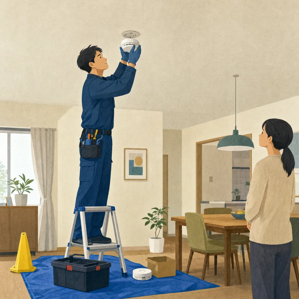 住宅用火災警報器を交換する日本人技術者（編集記事向け）。火災警報器、住宅防火、交換作業、住宅設備の記事や案内に使える商用素材です。