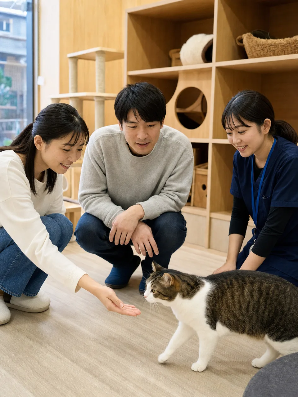 保護猫と出会う日本人（自然な縦位置写真）。保護猫、里親、猫の譲渡、動物福祉の記事向け素材です。