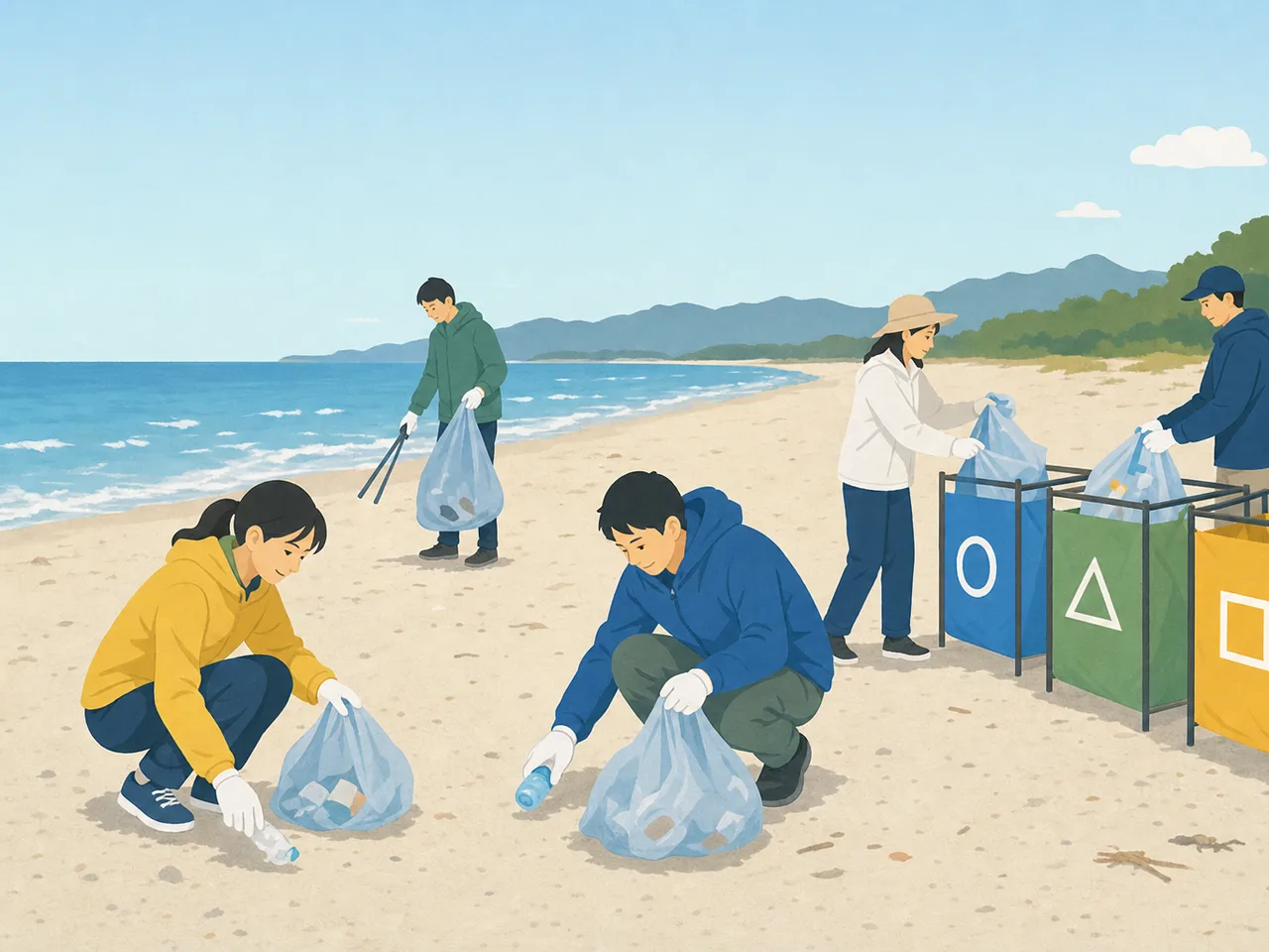 海岸清掃に参加する日本人（フラットイラスト）。海岸清掃、ビーチクリーン、環境ボランティア、海洋ごみの記事や案内に使える商用素材です。