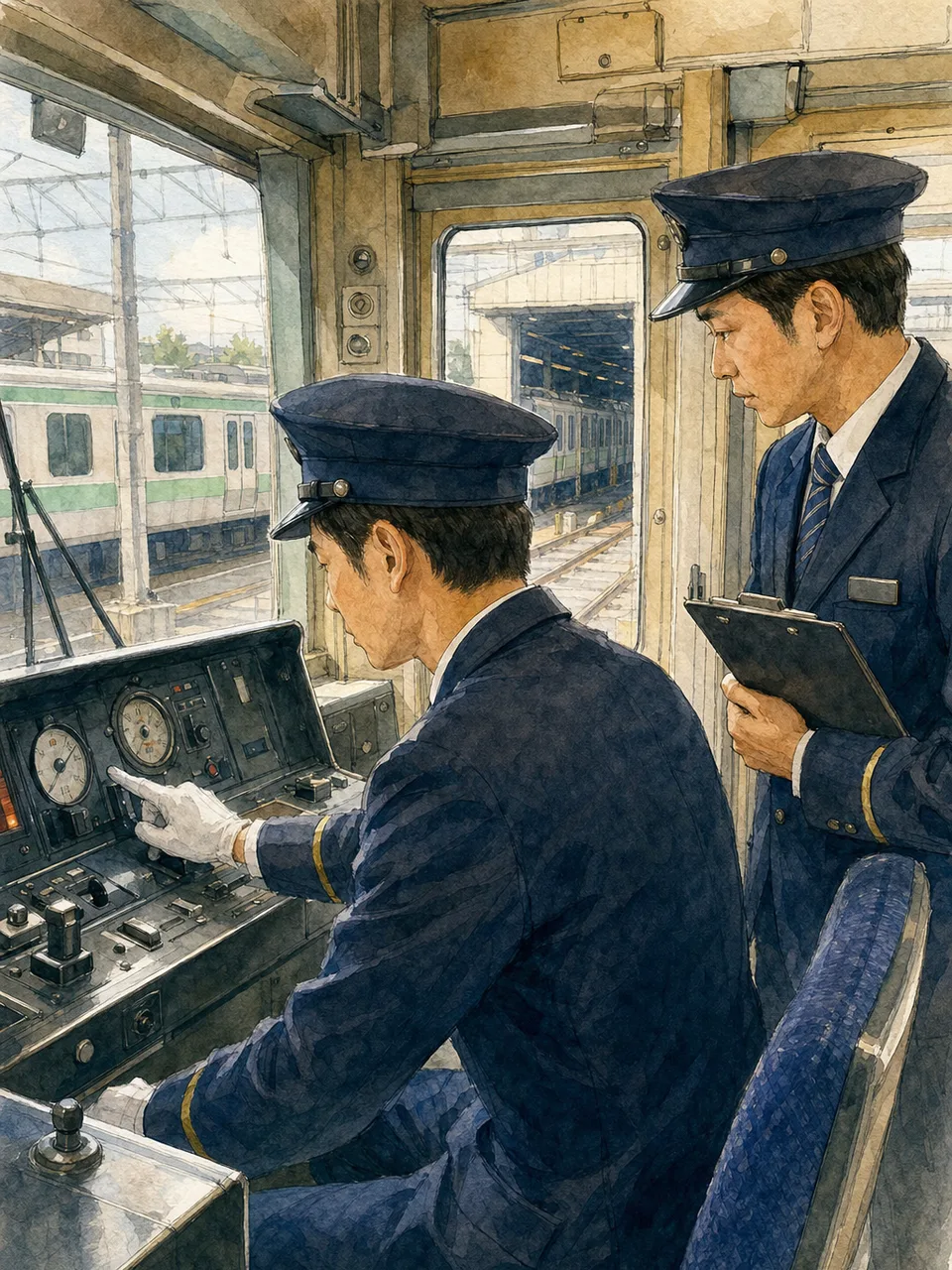 運行前点検をする日本人電車運転士（手描き水彩）。電車運転士、鉄道、安全運行、公共交通の記事に使える素材です。