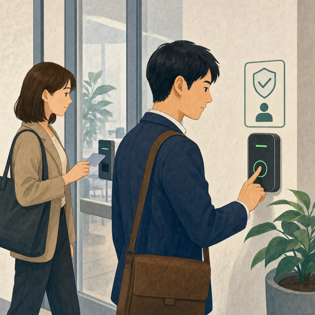 生体認証で入室する日本人会社員（編集記事向け）。生体認証、顔認証、オフィスセキュリティ、本人確認の記事向け素材です。