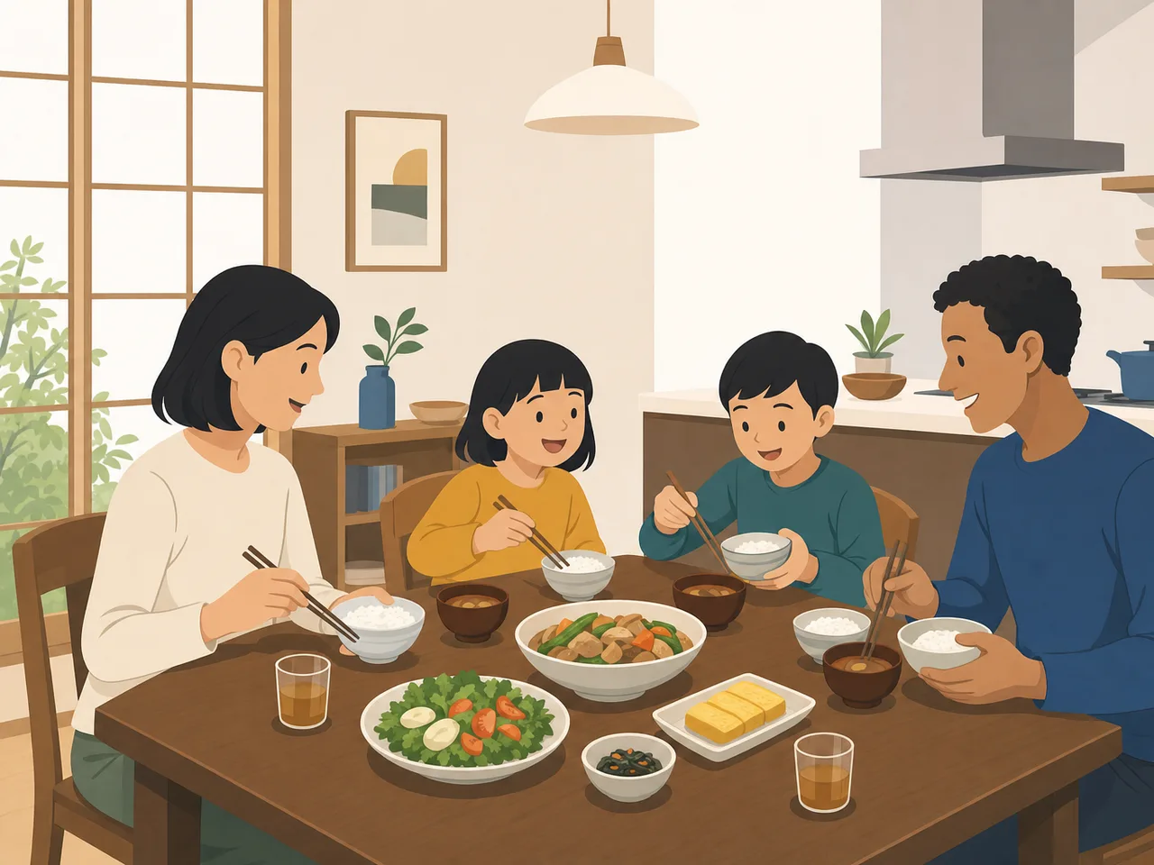 食卓を囲む日本の多文化家族（フラットイラスト）。多文化家族、国際家族、家族の食卓、多文化共生の記事や案内に使える商用素材です。