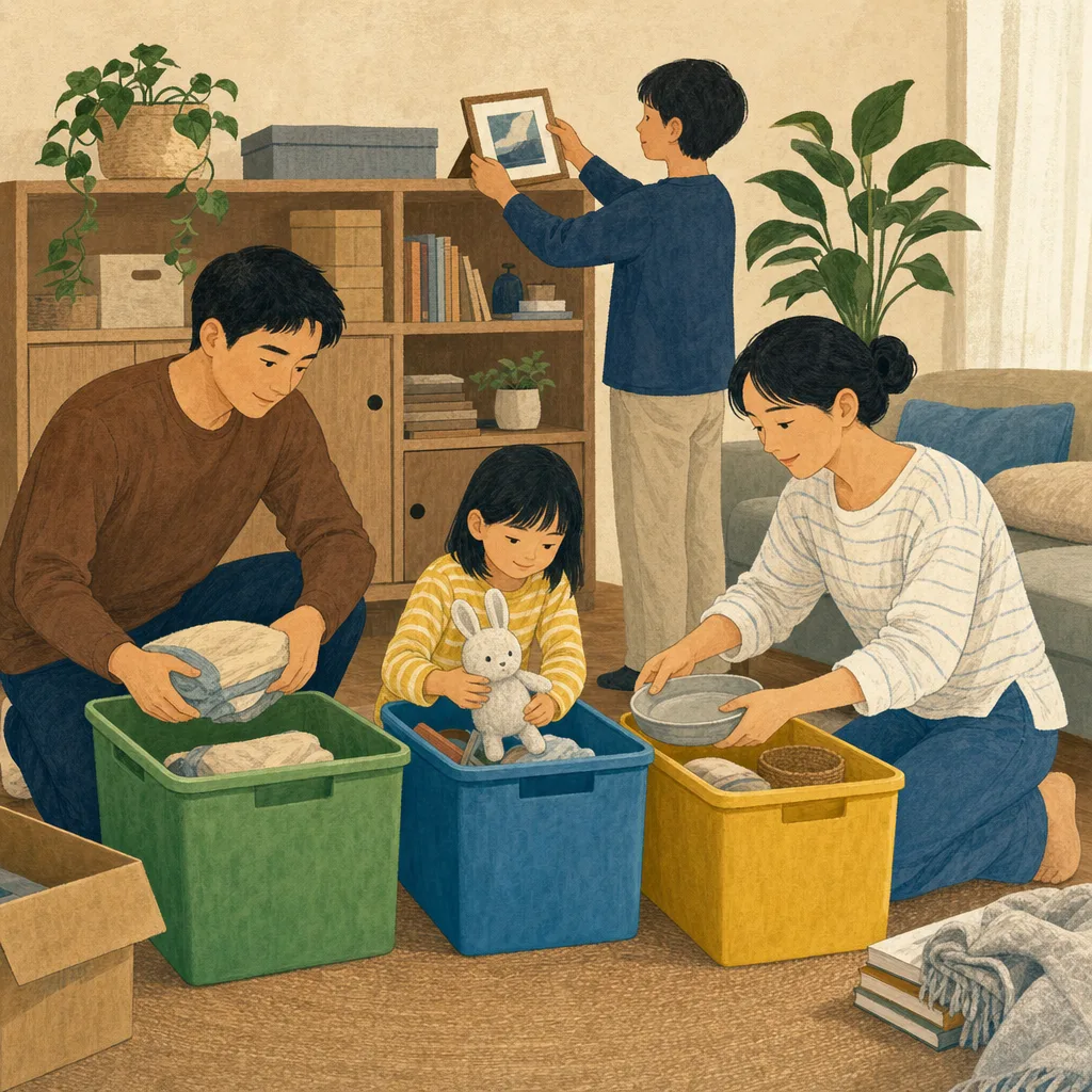断捨離と収納整理をする日本人家族（編集記事向け）。断捨離、収納整理、片付け、家族の暮らしの記事向け素材です。
