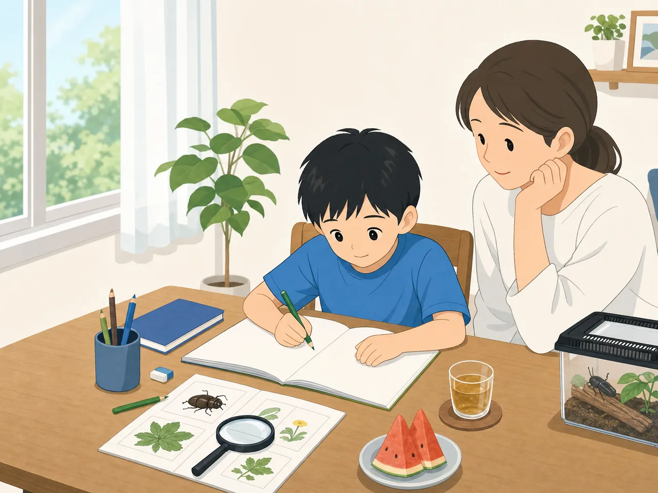 夏休みの宿題に取り組む日本人の子ども（フラットイラスト）。夏休みの宿題、子ども、家庭学習、夏の記事向け素材です。