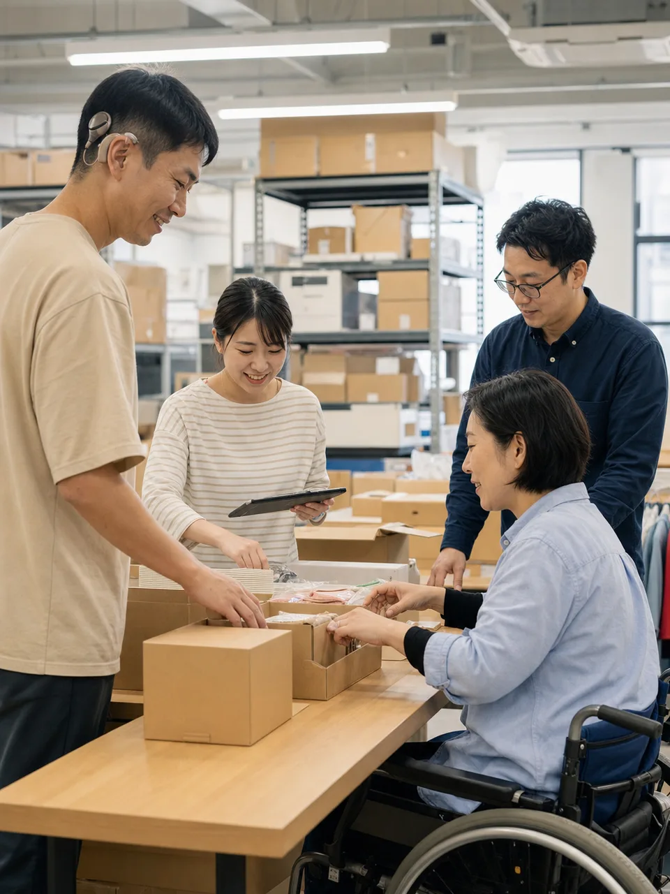 障害のある人と協働する日本の職場（自然な縦位置写真）。障害者雇用、合理的配慮、就労支援、共生社会の記事向け素材です。