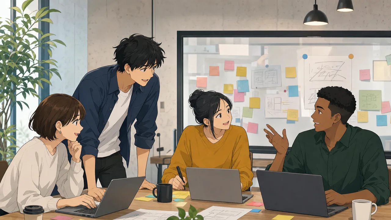 働くチームのアニメ風イラスト（アニメ風・横長）。採用、IT、スタートアップの記事に使える、完全オリジナルのアニメ風ビジネス素材です。