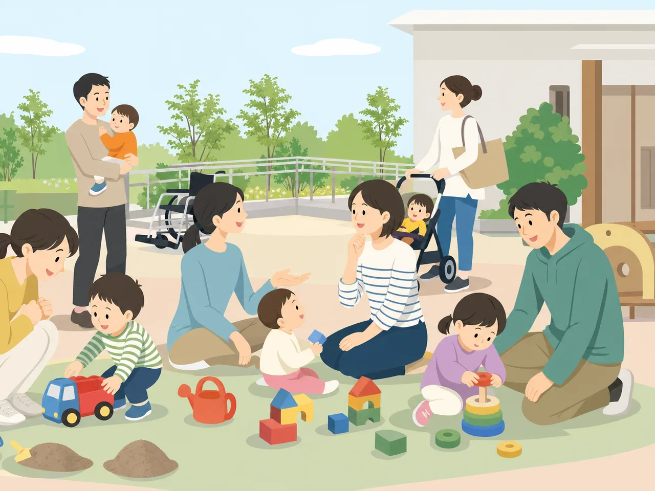 地域で交流する日本人の子育て世代（フラットイラスト）。子育て世代、親子交流、地域、コミュニティの記事向け素材です。