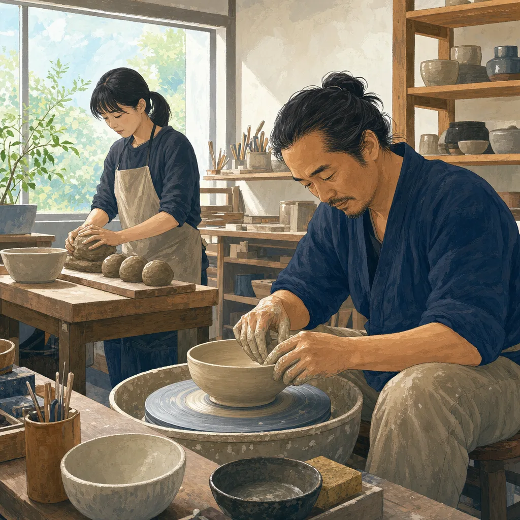器を作る日本人陶芸家（編集記事向け）。陶芸家、陶芸、工房、伝統工芸の記事に使える職人素材です。
