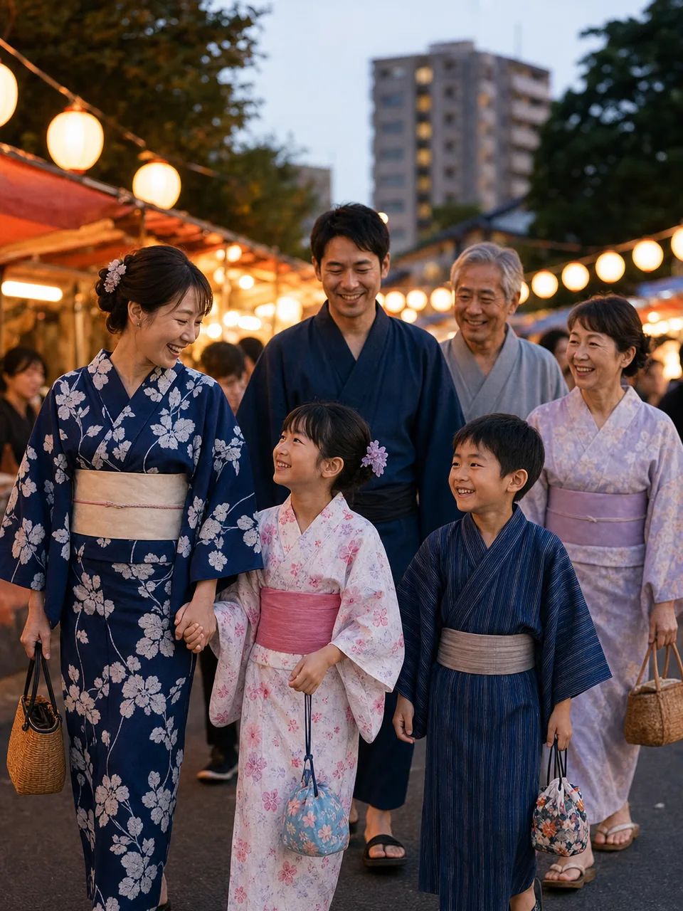 夏祭りを楽しむ日本人家族（自然な縦位置写真）。夏祭り、地域イベント、浴衣、家族のお出かけに使える季節素材です。