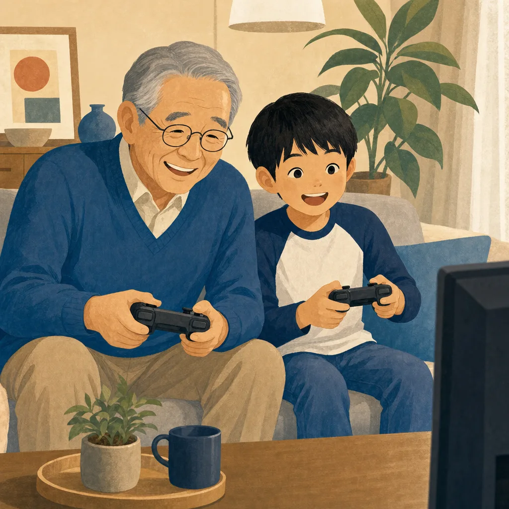 ゲームを楽しむ日本人の祖父母と孫（編集記事向け）。祖父母とテレビゲーム、世代を超えたゲーム、祖父母と孫、テレビゲームの記事や案内に使える商用素材です。