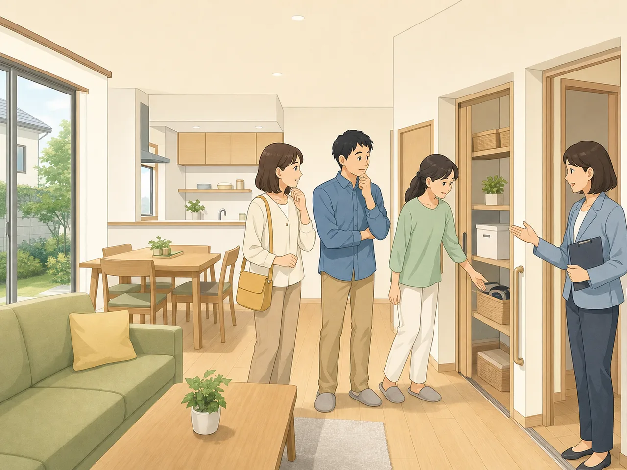 平屋を見学する日本人（フラットイラスト）。平屋、戸建て、バリアフリー、住宅見学の記事向け素材です。