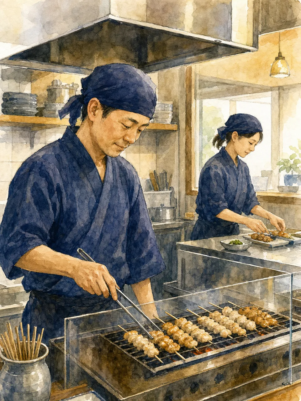 焼き鳥を仕上げる日本人料理人（手描き水彩）。焼き鳥、料理人、飲食店、和食の記事向け素材です。