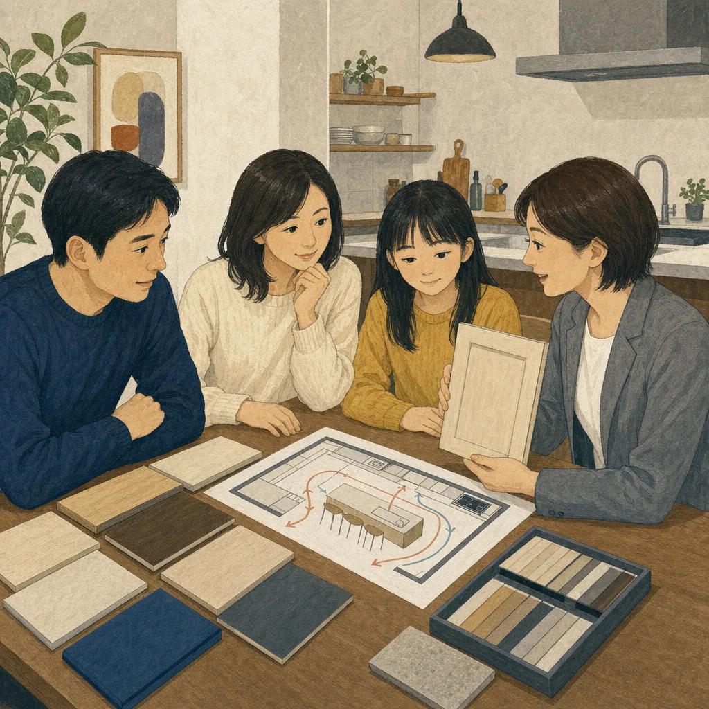 キッチンリフォームを相談する日本人（編集記事向け）。キッチンリフォーム、住宅改修、家事動線、住まいの記事向け素材です。