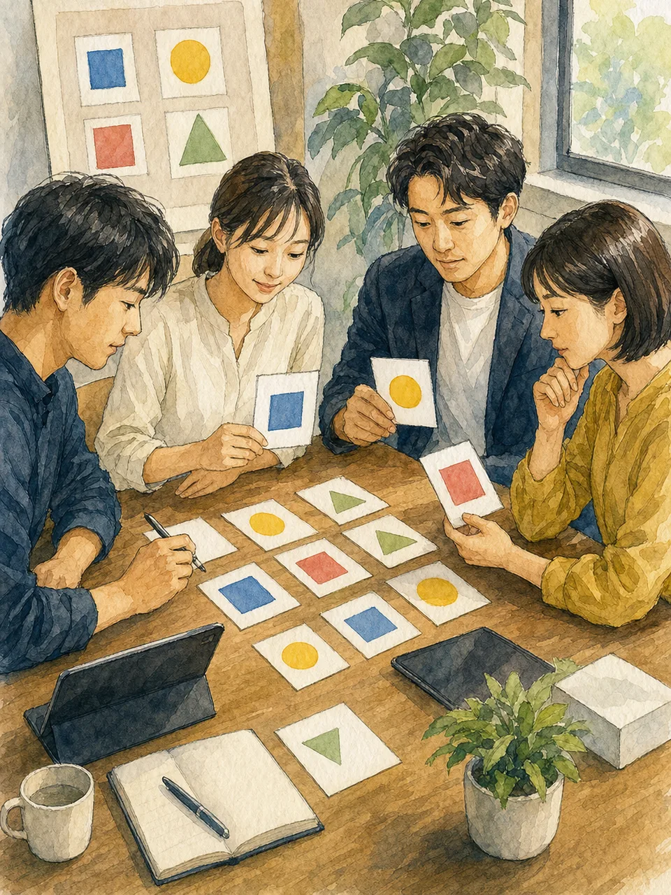 AIモデルを評価する日本人チーム（手描き水彩）。AI評価、モデル評価、生成AI、品質評価の記事や案内に使える商用素材です。