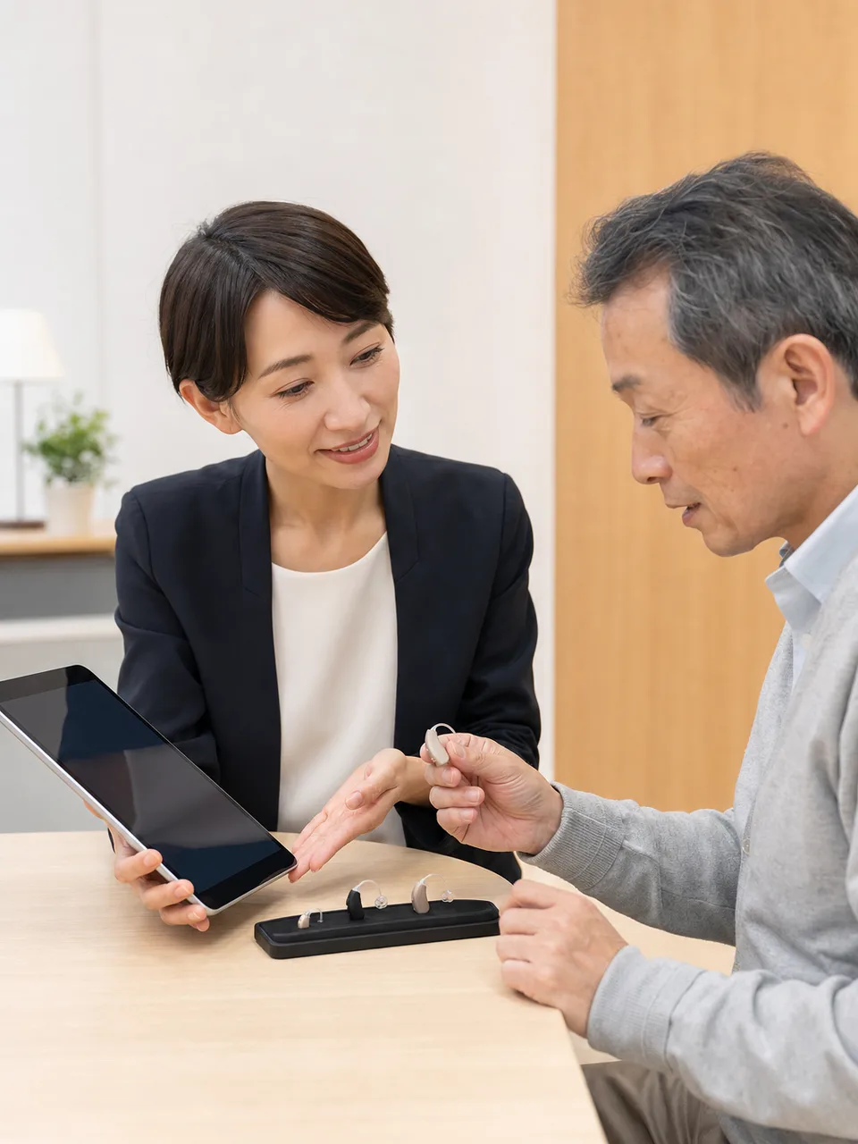 補聴器を調整する日本人専門家（自然な縦位置写真）。補聴器、認定補聴器技能者、聞こえ、聴覚支援の記事や案内に使える商用素材です。