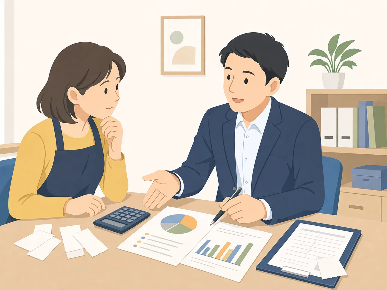 事業者に助言する日本人税理士（フラットイラスト）。税理士、確定申告、会計、経営相談の記事に使える素材です。