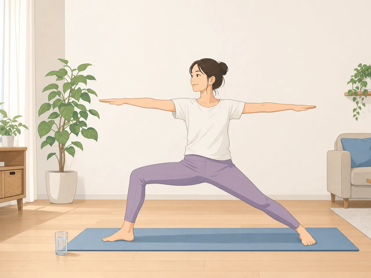 自宅でヨガをする日本人女性（フラットイラスト）。運動習慣、ウェルネス、オンラインレッスン、健康記事向け素材です。