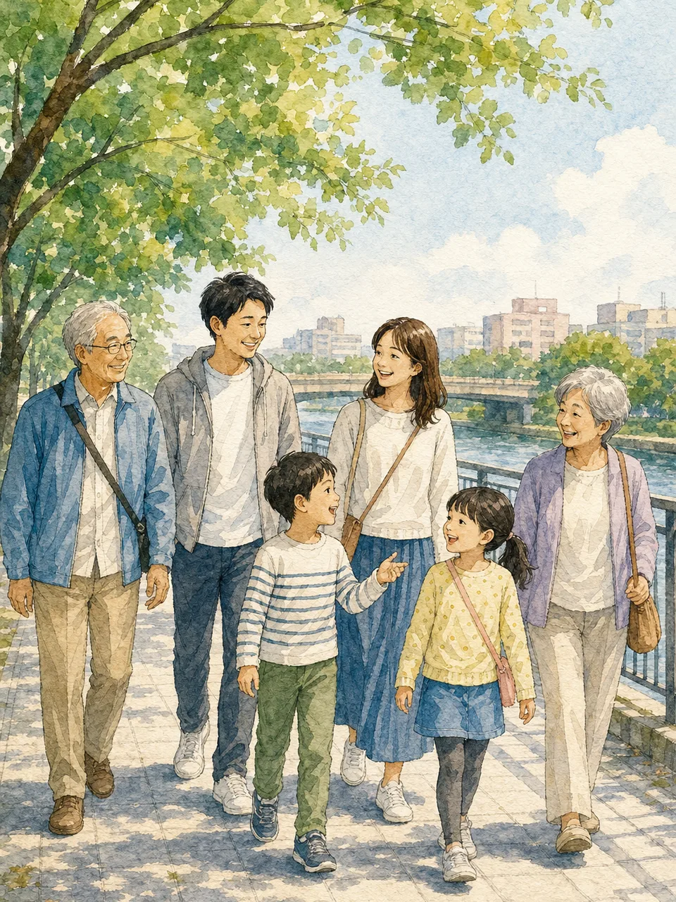 散歩を楽しむ日本人の三世代家族（手描き水彩）。三世代、家族、散歩、世代間交流の記事向け素材です。