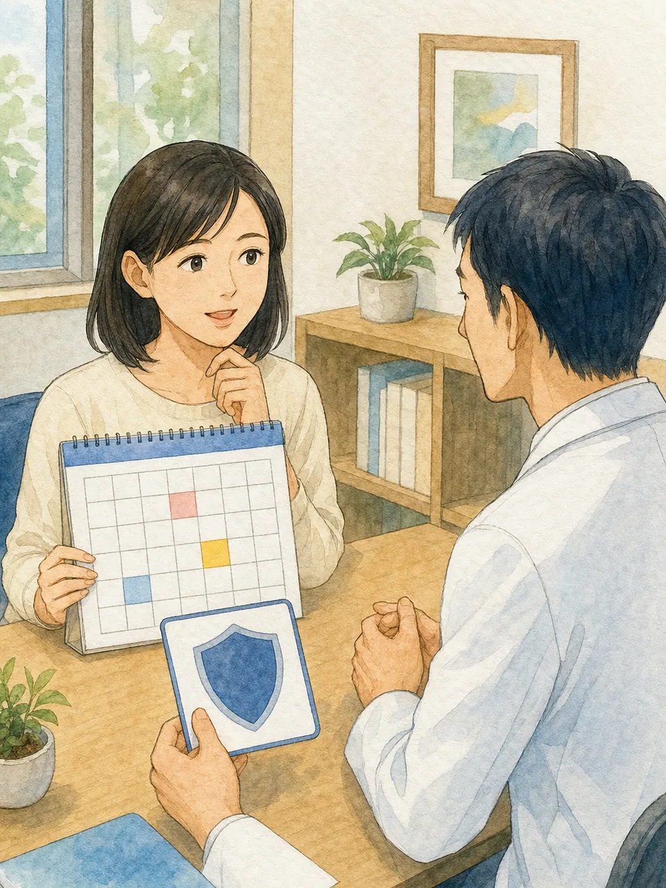 予防接種を相談する日本人成人（手描き水彩）。予防接種相談、ワクチン相談、成人予防接種、感染予防の記事や案内に使える商用素材です。