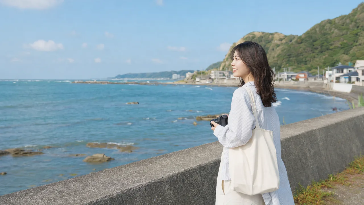 千葉の房総海岸を巡る旅行者（横長・コピースペース）。千葉旅行、房総半島、海岸旅行、関東旅行の記事や案内に使える商用素材です。