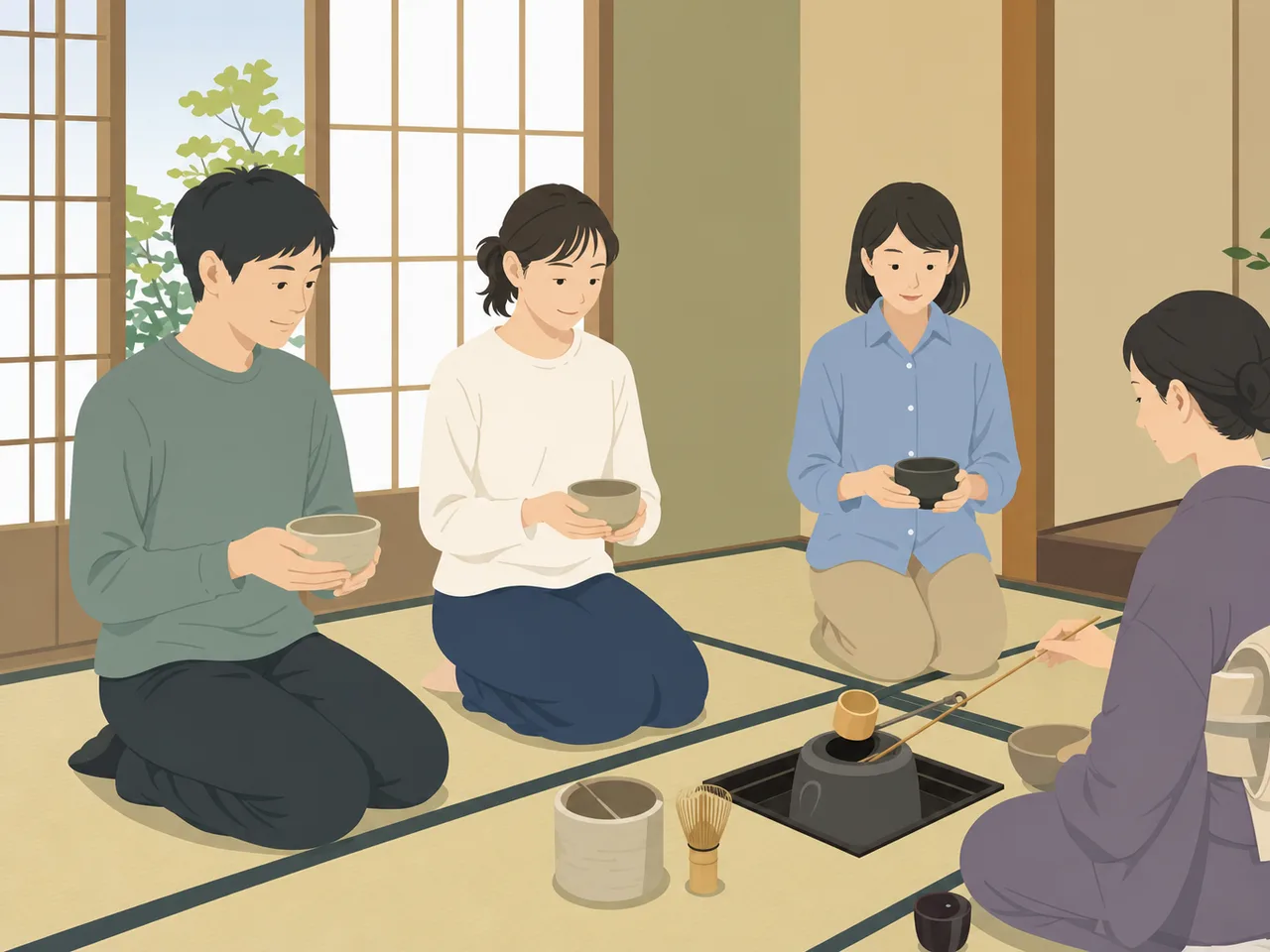 茶道を学ぶ日本人（フラットイラスト）。茶道、茶の湯、日本文化、伝統文化の記事や案内に使える商用素材です。