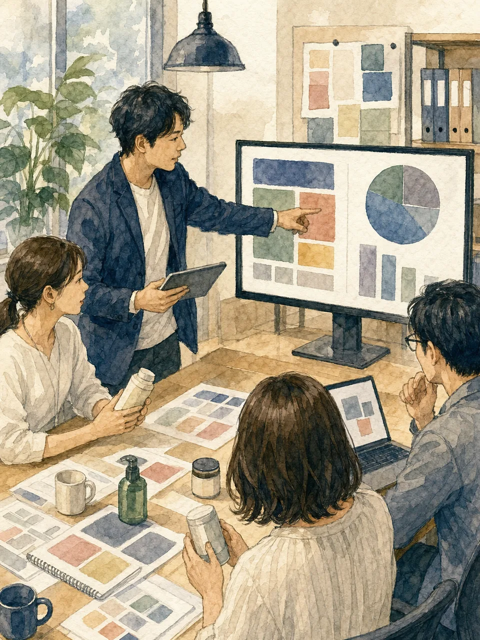 企画を分析する日本人マーケター（手描き水彩）。マーケター、販促企画、市場分析、デジタルマーケティングの記事向け素材です。