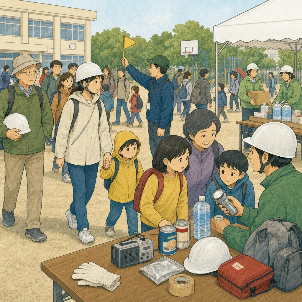 防災の日に訓練する日本人住民（編集記事向け）。防災の日、防災訓練、地域、備えの記事向け素材です。