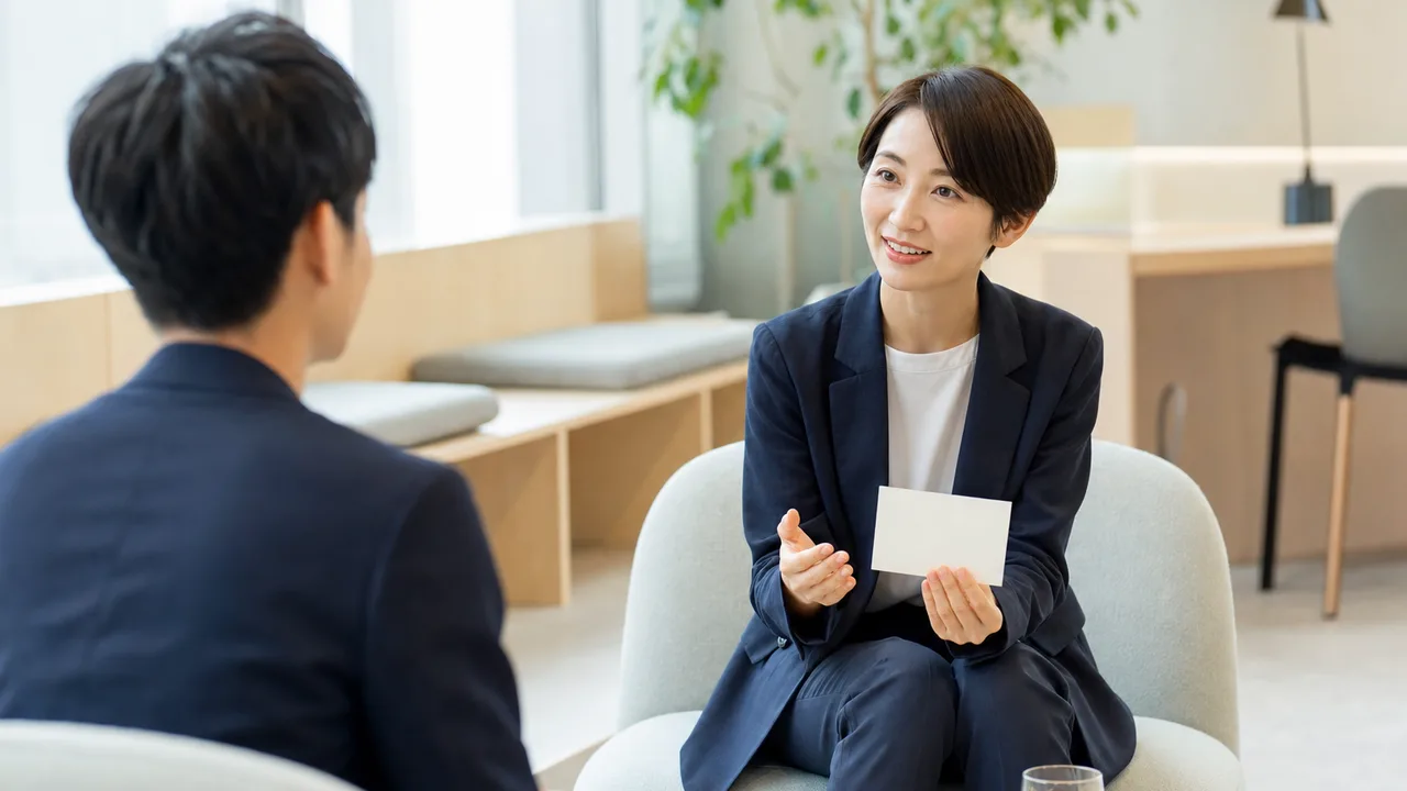 一対一の面談をする日本人の上司と部下（横長・コピースペース）。1on1、一対一面談、フィードバック、上司と部下の記事や案内に使える商用素材です。