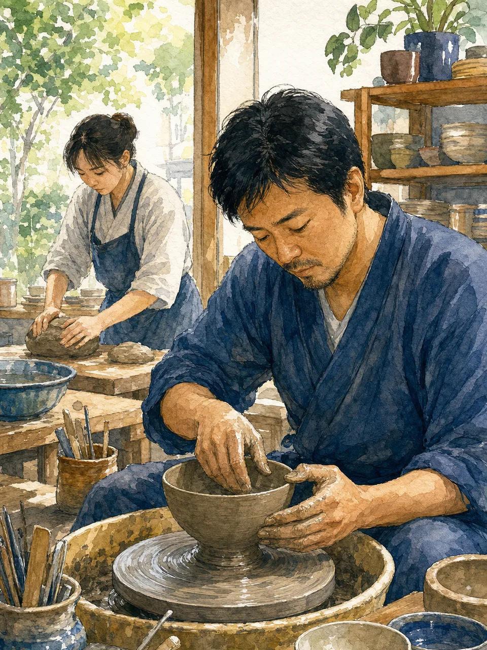 器を作る日本人陶芸家（手描き水彩）。陶芸家、陶芸、工房、伝統工芸の記事に使える職人素材です。