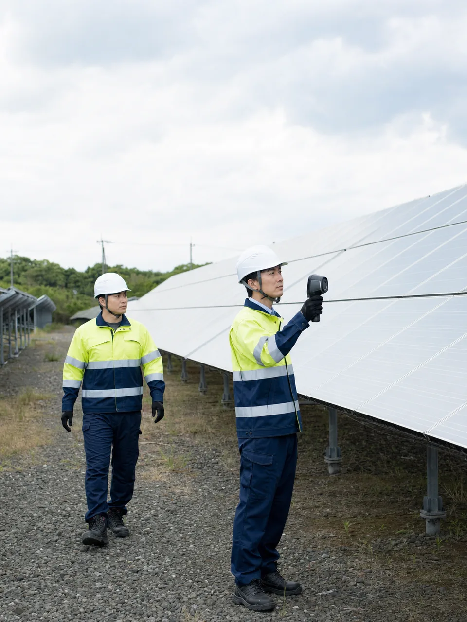 太陽光発電所を点検する日本人技術者（自然な縦位置写真）。太陽光発電所、再生可能エネルギー、設備点検の記事向け素材です。