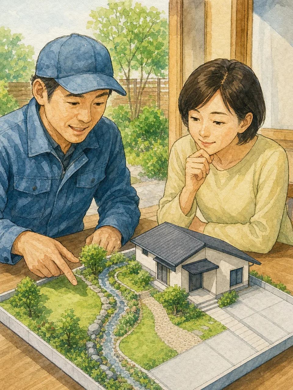 敷地の雨水排水を相談する日本人（手描き水彩）。雨水排水、庭の排水、住宅外構、浸水対策の記事や案内に使える商用素材です。