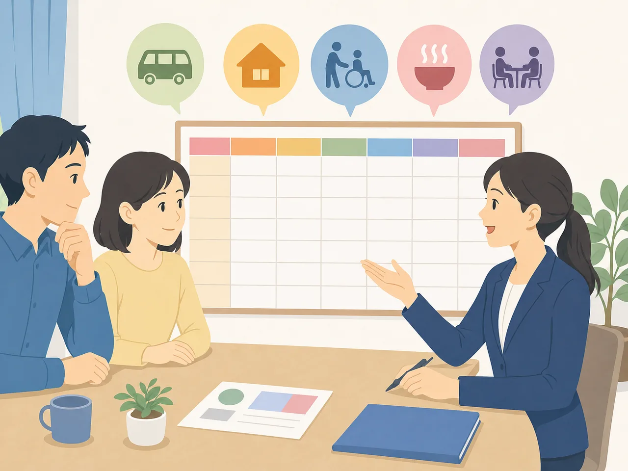 介護者の休息を計画する日本人家族（フラットイラスト）。介護者支援、レスパイト、家族介護、介護相談の記事や案内に使える商用素材です。