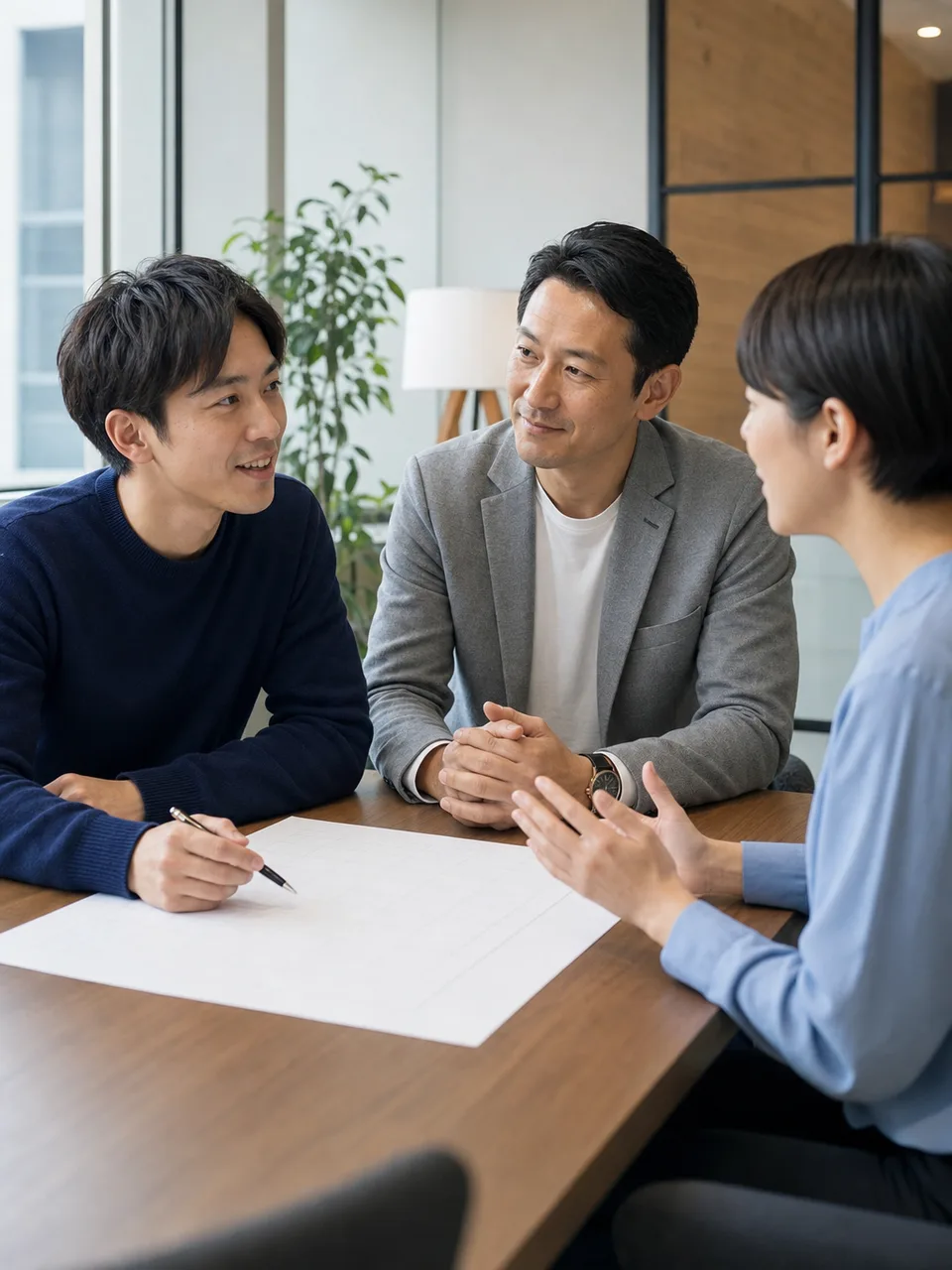 男性育休を相談する日本人会社員（自然な縦位置写真）。男性育休、育児休業、働き方、両立支援の記事に使える職場素材です。