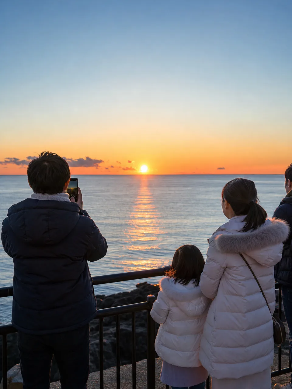 初日の出を眺める日本人（自然な縦位置写真）。初日の出、正月、新年、冬の行事の記事や案内に使える商用素材です。