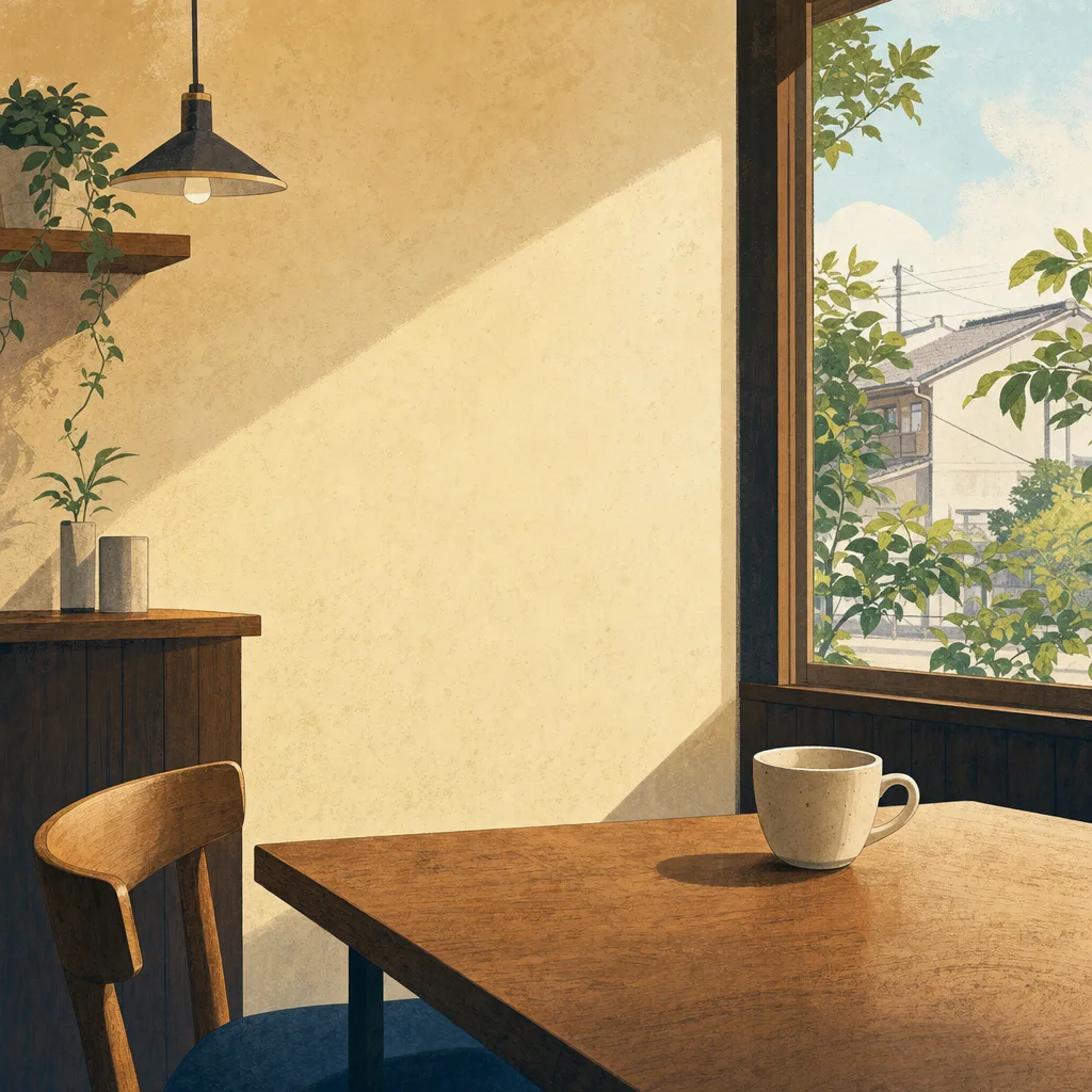 くつろぎを感じるカフェ背景（正方形デザイン）。カフェ背景、コーヒー、飲食店、落ち着いたデザイン向け素材です。