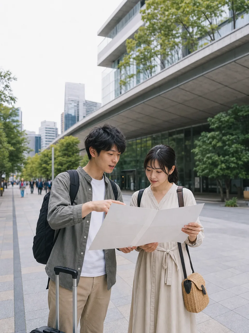 名古屋の街を巡る日本人旅行者（自然な縦位置写真）。名古屋、都市観光、街歩き、中部旅行の記事向け素材です。