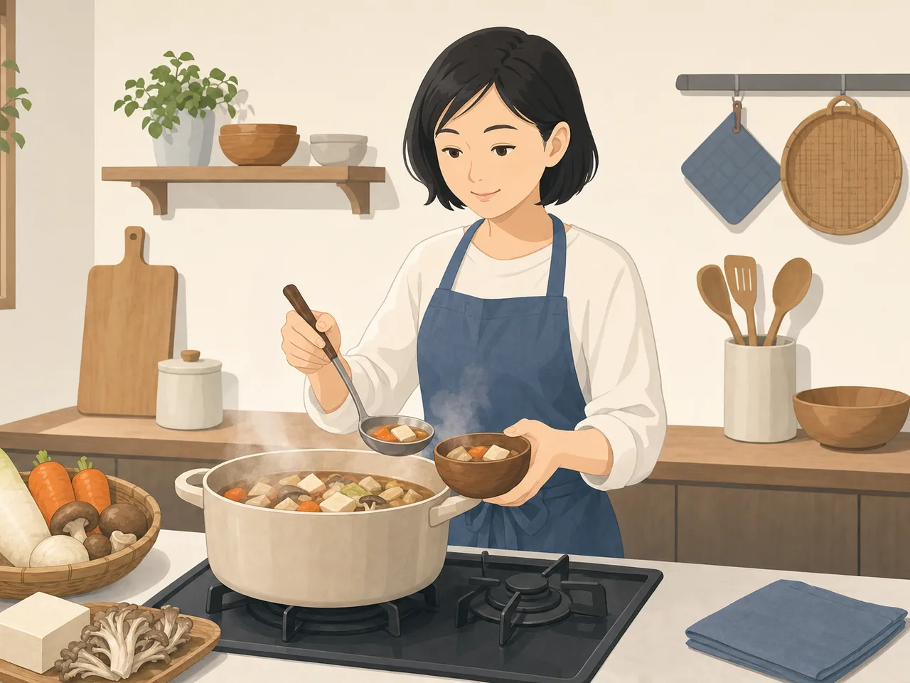 けんちん汁を作る日本人（フラットイラスト）。けんちん汁、根菜料理、家庭料理、和食の記事や案内に使える商用素材です。